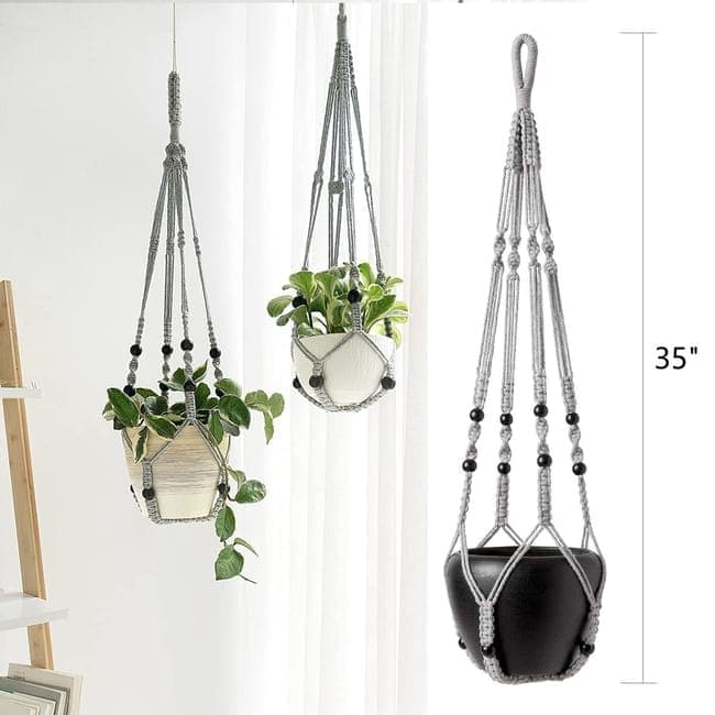 3 pcs Bohemian Plant Hanger for Indoor Plants with Braided Rope Beads and Lace Decoration, 35 Inch, Gray