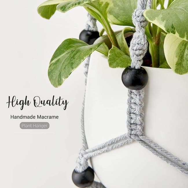 3 pcs Bohemian Plant Hanger for Indoor Plants with Braided Rope Beads and Lace Decoration, 35 Inch, Gray