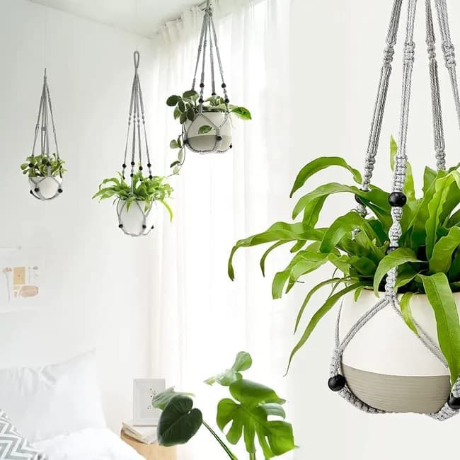 3 pcs Bohemian Plant Hanger for Indoor Plants with Braided Rope Beads and Lace Decoration, 35 Inch, Gray