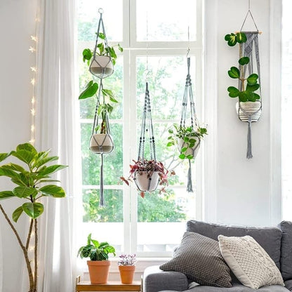 3 pcs Bohemian Plant Hanger for Indoor Plants with Braided Rope Beads and Lace Decoration, 35 Inch, Gray