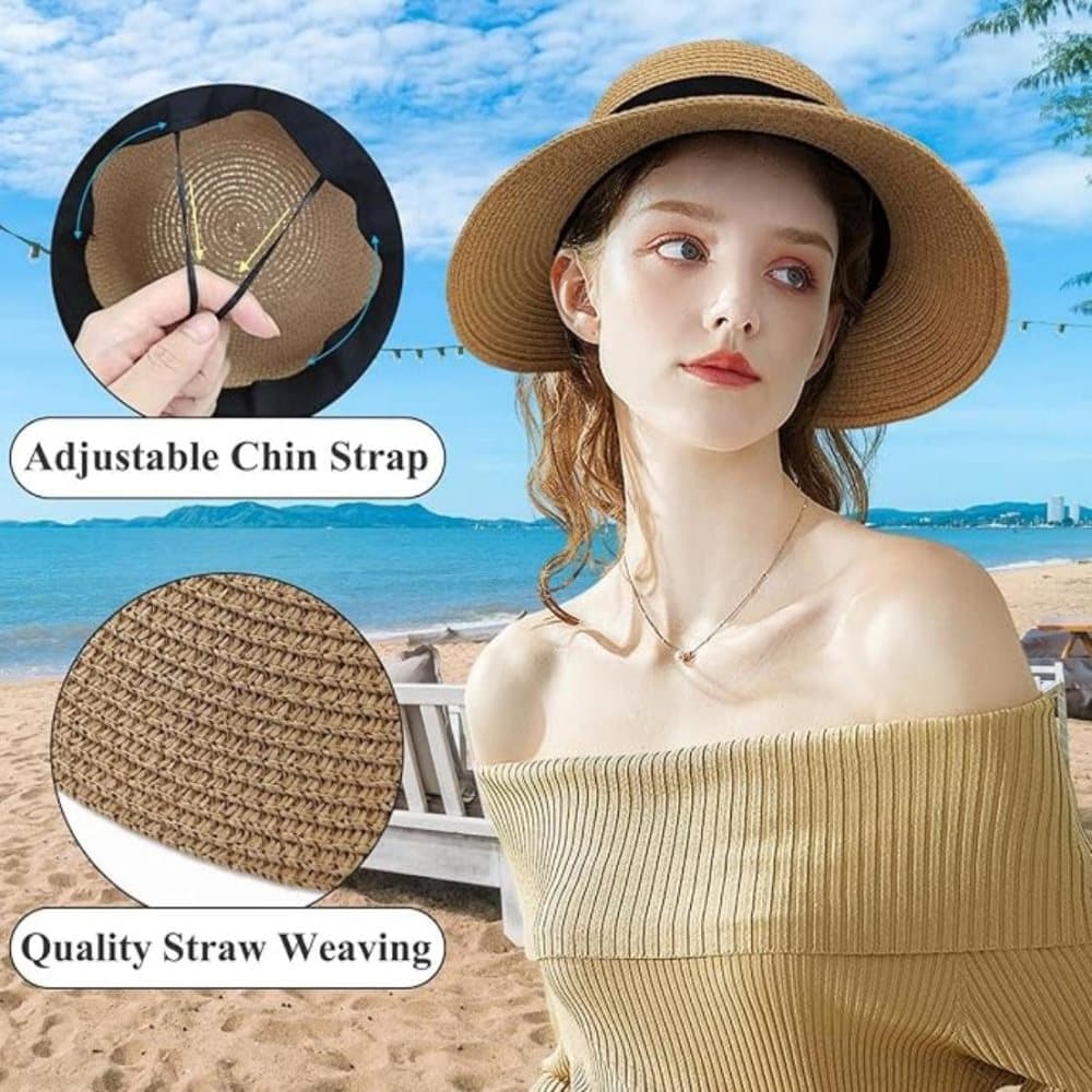 UV Protective Straw Beach Hat Wide Brim Foldable Breathable Summer Outdoor, Brown