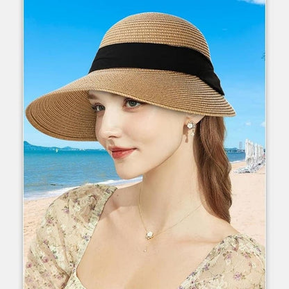 UV Protective Straw Beach Hat Wide Brim Foldable Breathable Summer Outdoor, Brown