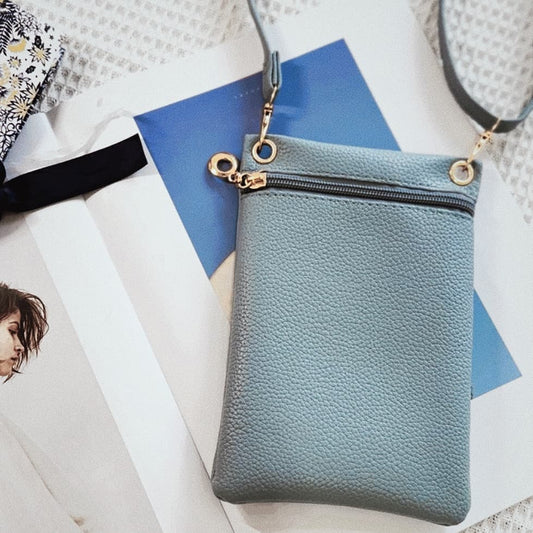 1 Lychee Texture Phone Bag with Shoulder Strap, 19cm x 12.5cm, Blue