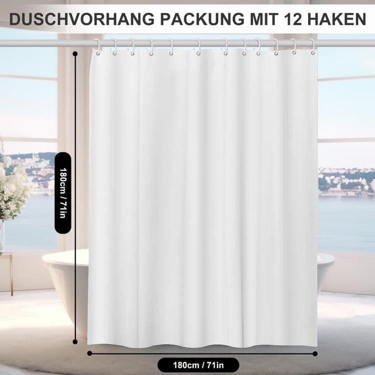 12 Hooks Waterproof Shower Curtain Solid Color Gray, 180x180 cm, Mildew Resistant PEVA for Bathroom