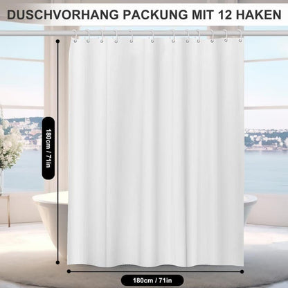 12 Hooks Waterproof Shower Curtain Solid Color Gray, 180x180 cm, Mildew Resistant PEVA for Bathroom