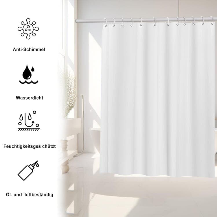 12 Hooks Waterproof Shower Curtain Solid Color Gray, 180x180 cm, Mildew Resistant PEVA for Bathroom