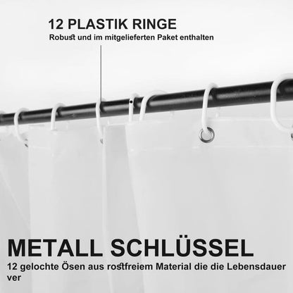12 Hooks Waterproof Shower Curtain Solid Color Gray, 180x180 cm, Mildew Resistant PEVA for Bathroom