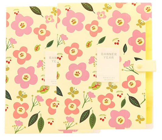 8 Compartments A4 Document Folder Waterproof Floral Pattern, with A4 Size, Yellow.