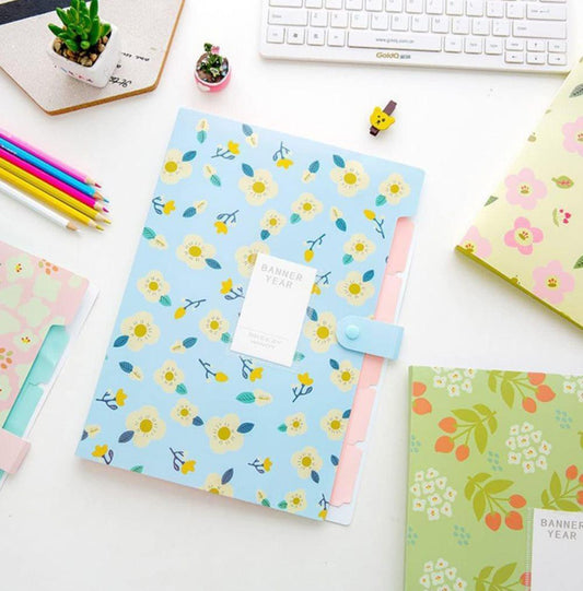 8 Compartments A4 Document Folder Waterproof Floral Pattern, Blue, with A4 Size.