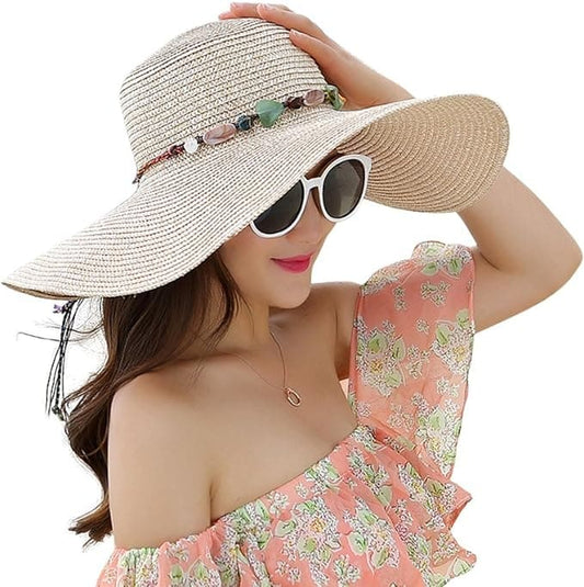 Women's Wide Brim Straw Hat UPF50+ Sun Protection Foldable Beach Hat for Summer, Beige