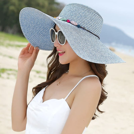 Foldable Straw Hat for Women UPF50+ Sun Protection Wide Brim, Blue, One Size
