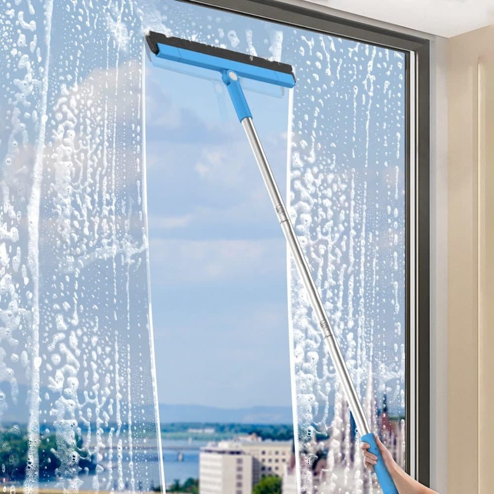95 cm Water Scraper with Telescopic Handle, Rotatable for Wet and Dry Use, Compatible with Floors, Tiles, Windows and Showers, Blue.