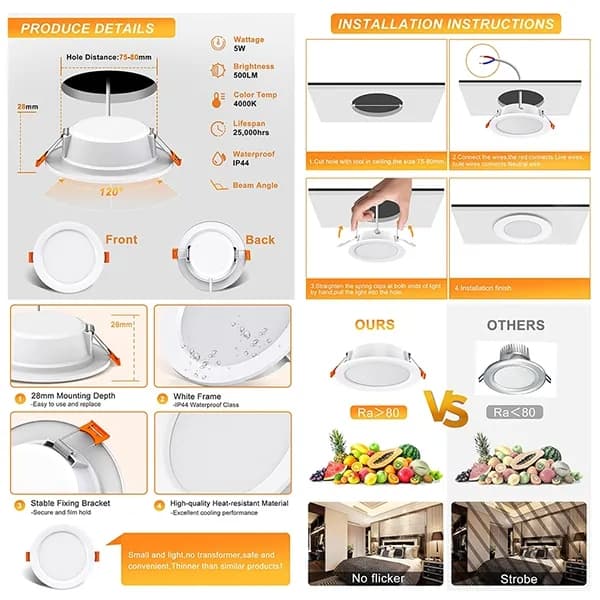 4 pcs LED Spotlight Waterproof IP44 Neutral White Light 4000K, Ultra Thin Design for Bathrooms and Living Rooms