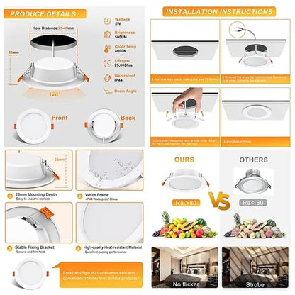 4 pcs LED Spotlight Waterproof IP44 Neutral White Light 4000K, Ultra Thin Design for Bathrooms and Living Rooms