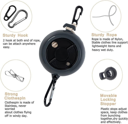 10m Retractable Clothesline, Portable for Indoors and Outdoors, Travel Camping Hotels Gardens, Black