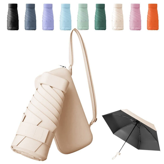 6-Fold Compact UV Protection Umbrella for Sun and Rain, Ultralight with Storage Box, Beige
