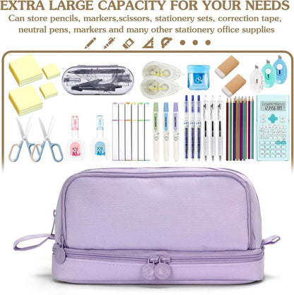 Large Pencil Case with 4 Compartments, Portable Multifunctional Pencil Bag with Handle, Purple