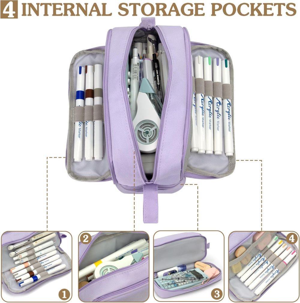 Large Pencil Case with 4 Compartments, Portable Multifunctional Pencil Bag with Handle, Purple