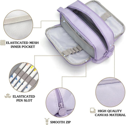Large Pencil Case with 4 Compartments, Portable Multifunctional Pencil Bag with Handle, Purple