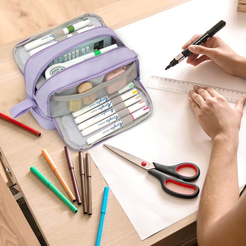 Large Pencil Case with 4 Compartments, Portable Multifunctional Pencil Bag with Handle, Purple