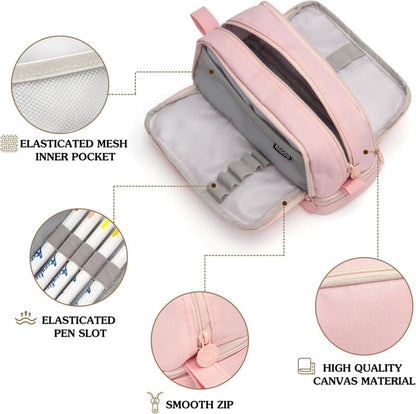 Large Pencil Case with 4 Compartments, Portable Multifunctional Pencil Bag with Handle, Pink