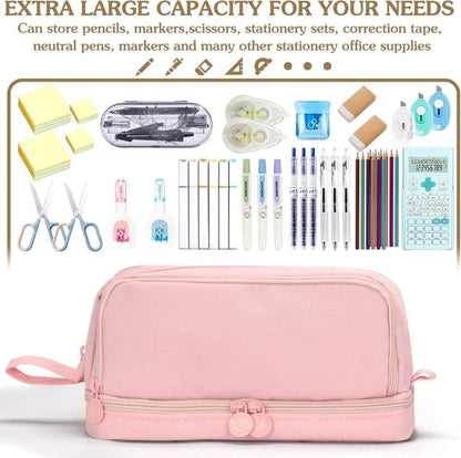 Large Pencil Case with 4 Compartments, Portable Multifunctional Pencil Bag with Handle, Pink