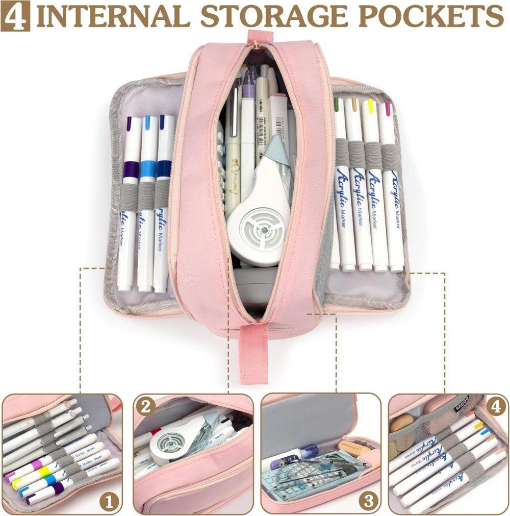 Large Pencil Case with 4 Compartments, Portable Multifunctional Pencil Bag with Handle, Pink