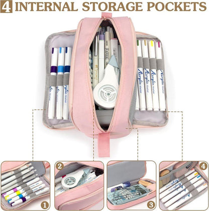 Large Pencil Case with 4 Compartments, Portable Multifunctional Pencil Bag with Handle, Pink