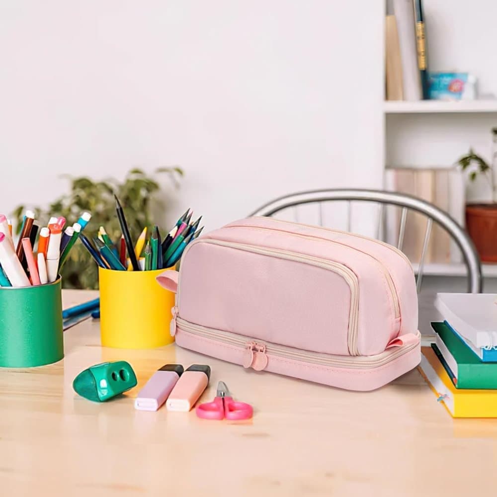 Large Pencil Case with 4 Compartments, Portable Multifunctional Pencil Bag with Handle, Pink