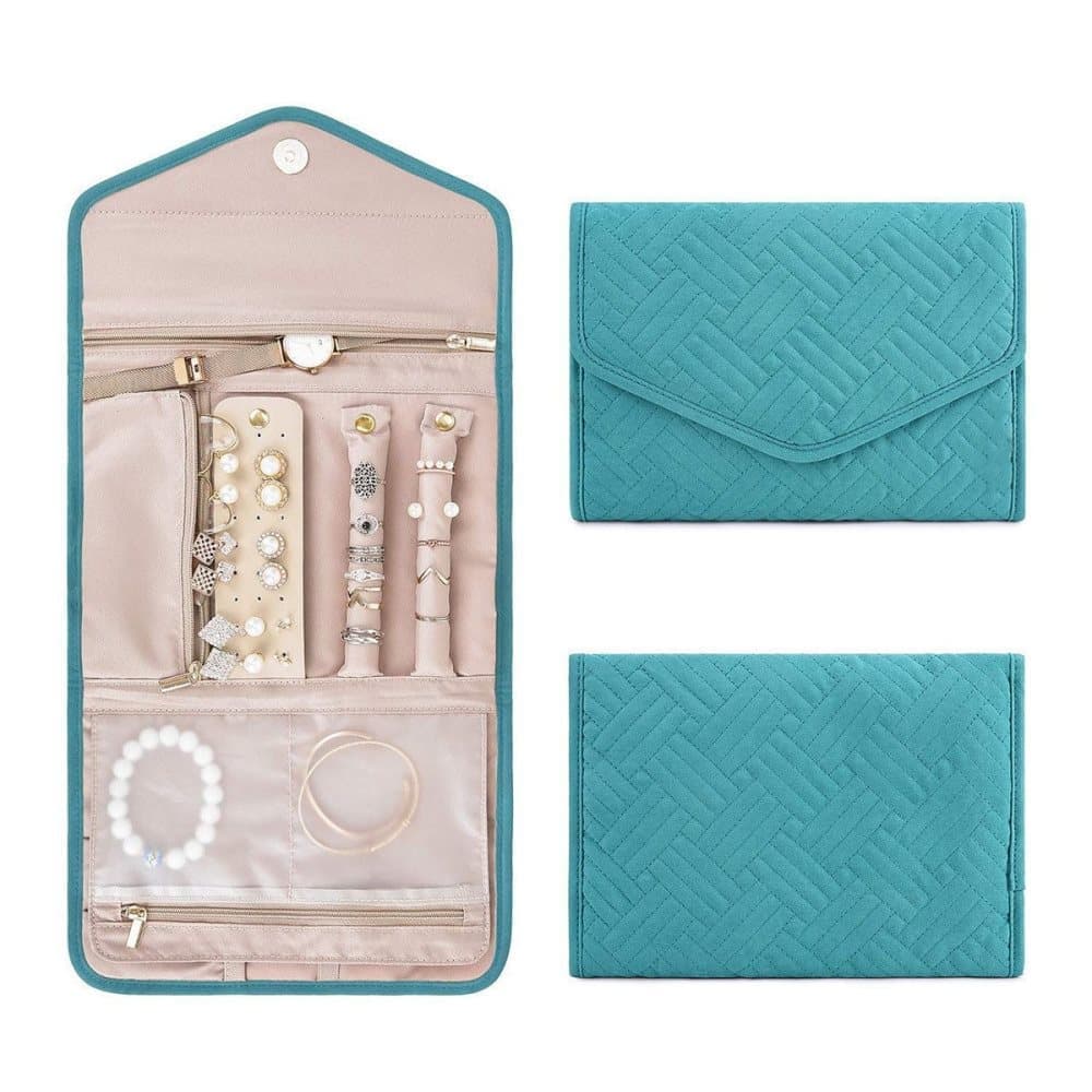 Green Travel Jewelry Box with Compartments, 23cm, Compact Jewelry Storage Bag Easy to Carry.