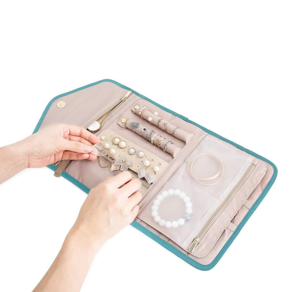 Green Travel Jewelry Box with Compartments, 23cm, Compact Jewelry Storage Bag Easy to Carry.