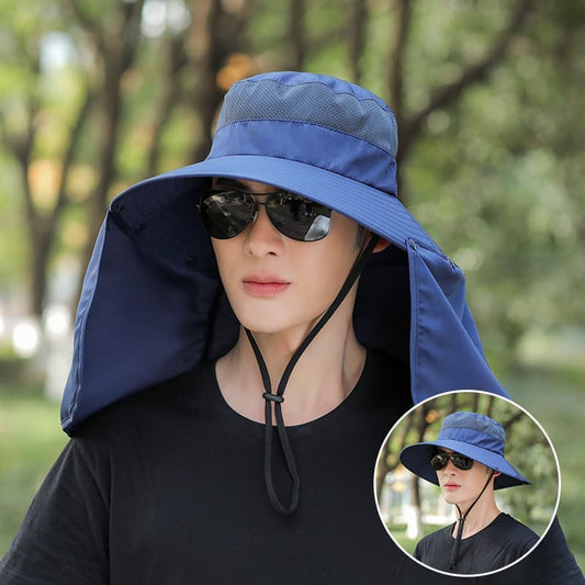 UV Protection Foldable Sun Hat with Neck Protection, Fishing and Hiking Cap, Dark Blue