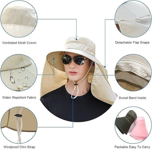 Foldable Sun Hat with Neck Protection UV Protection Fishing and Hiking Cap, Beige