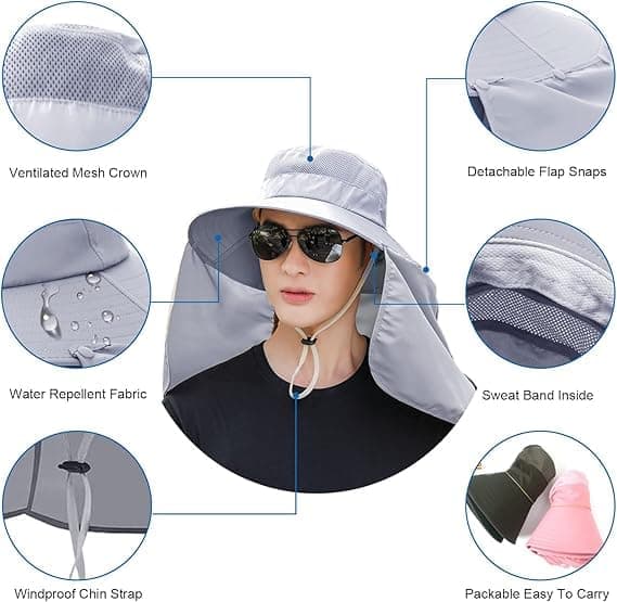 Foldable Sun Hat with Neck Protection UV Protection Fishing and Hiking Cap, Light Gray