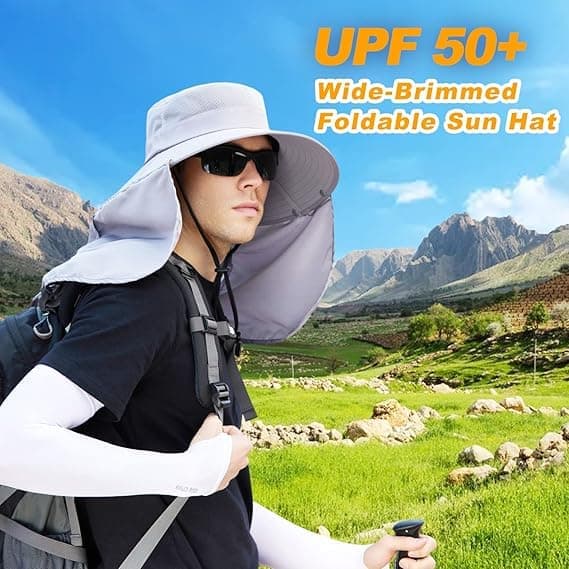 Foldable Sun Hat with Neck Protection UV Protection Fishing and Hiking Cap, Light Gray