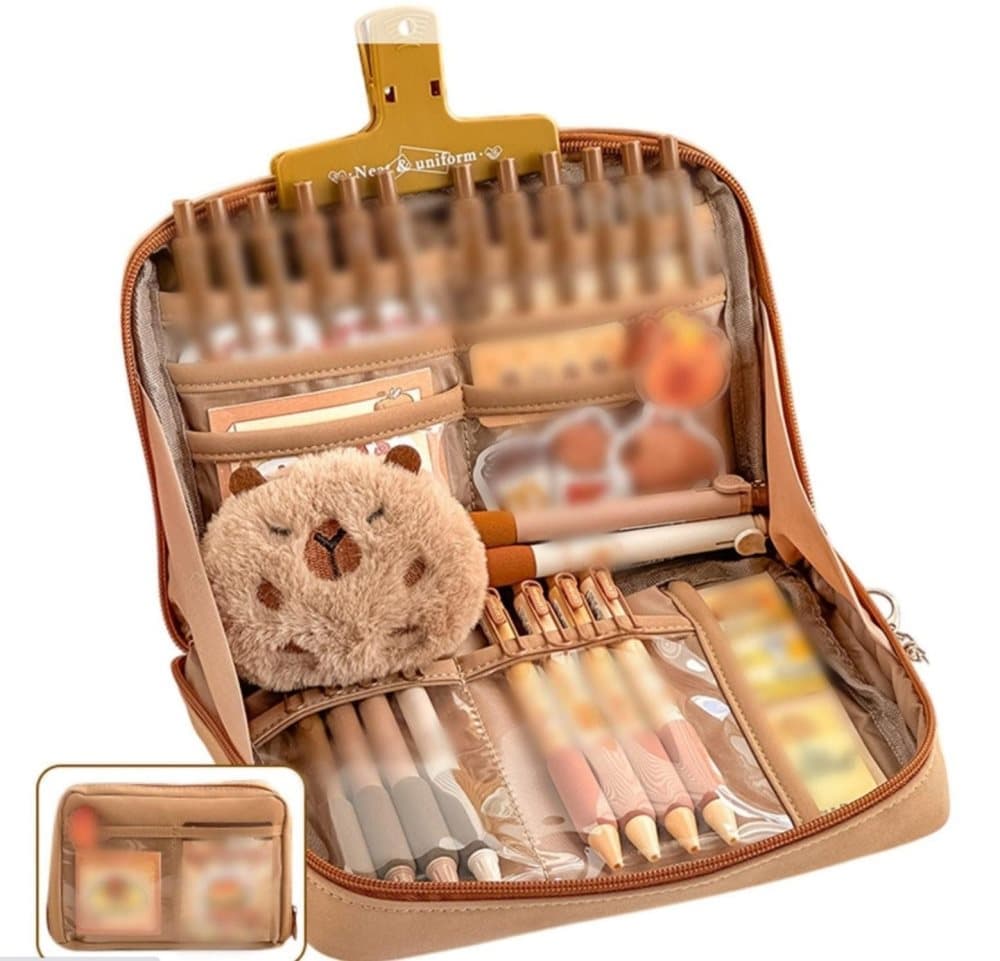 1 Pack Stylish Zipper Pencil Case Large Capacity Multifunctional Travel Pencil Box for School and Office, Brown.
