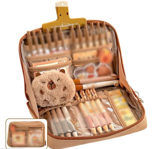 1 Pack Stylish Zipper Pencil Case Large Capacity Multifunctional Travel Pencil Box for School and Office, Brown.