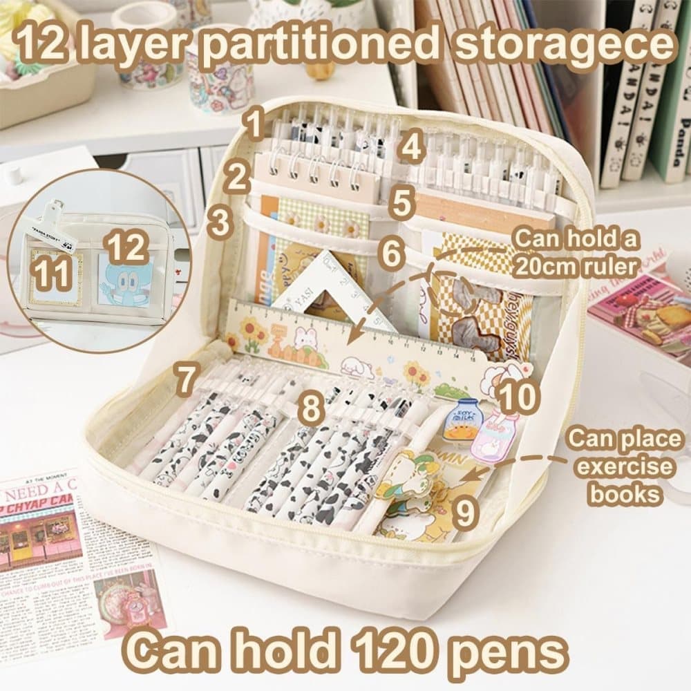 Large Capacity Pencil Case with Compartments and Zipper for School Office Travel, Blue, Multifunctional Stylish Pencil Box.