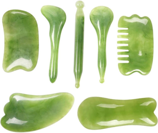 7-piece Gua Sha Set, Resin Facial and Body Massage Tool for Face Legs Back, Green.