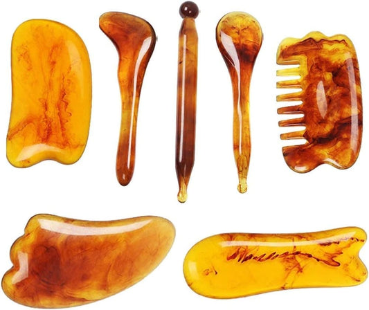 7-piece Gua Sha Set, Resin Facial and Body Massage Tool for Face Legs Back, Gold.