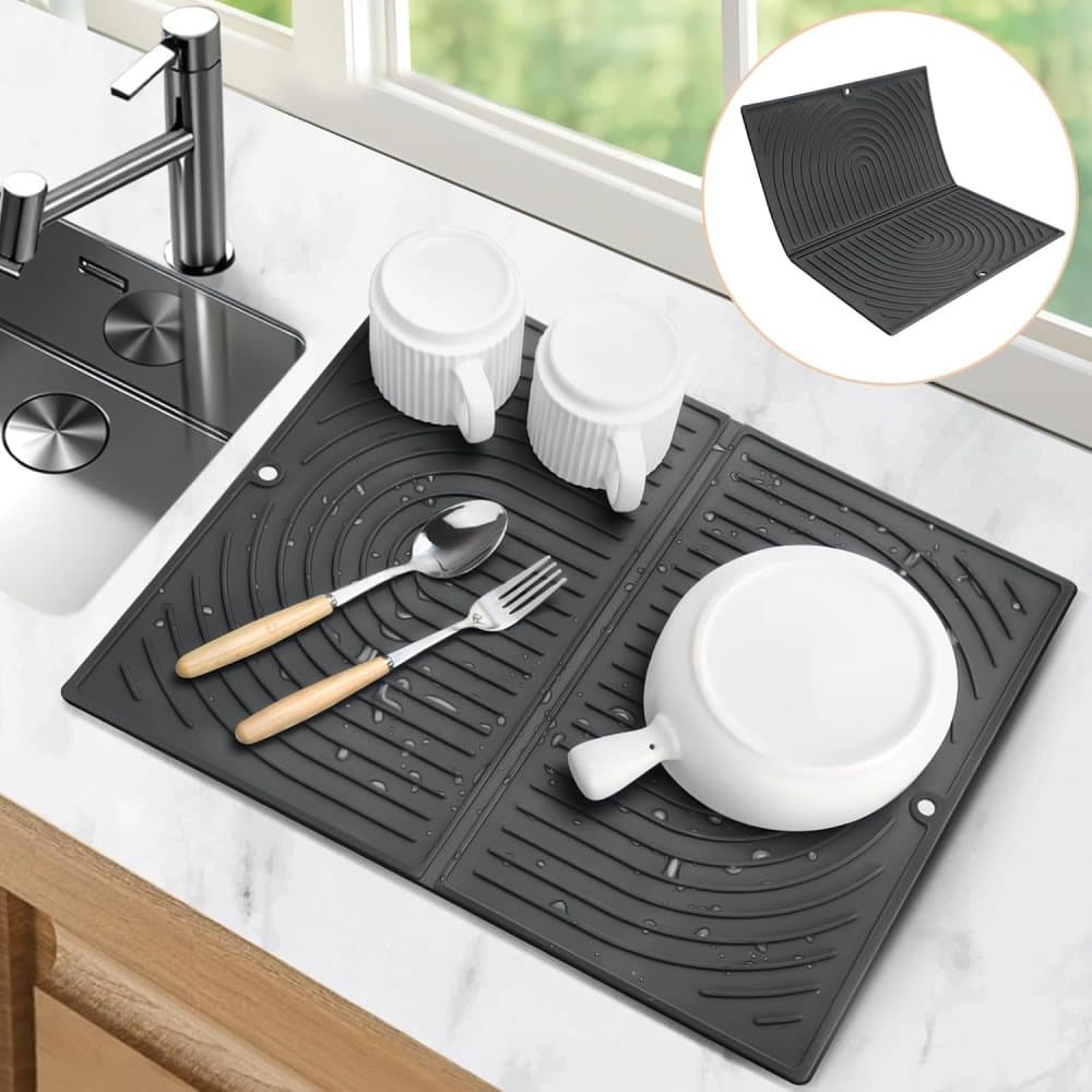 Non-Slip Silicone Kitchen Counter Mat, Foldable Water Drainage Wiping Mat, Grey, 43cm x 34cm