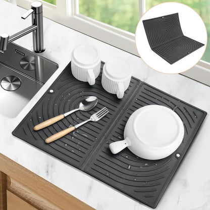 Non-Slip Silicone Kitchen Counter Mat, Foldable Water Drainage Wiping Mat, Grey, 43cm x 34cm