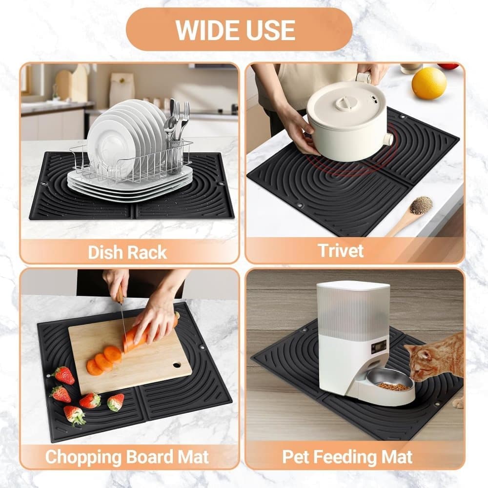 Non-Slip Silicone Kitchen Counter Mat, Foldable Water Drainage Wiping Mat, Grey, 43cm x 34cm