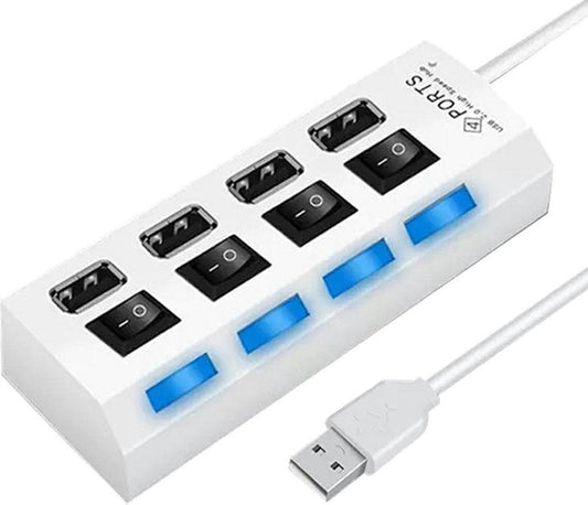 HI Speed 4-Port USB 2.0 Hub I Hub Splitter I On/Off Switch I LED I Up to 480 MB/s I White.