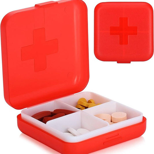 Medicine box | Pill box | Pill case | 4 compartments | Sealed | Red.