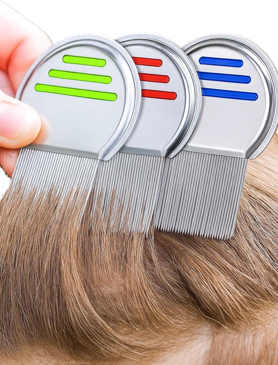 Set of 3 Lice Combs | Lice Brush | Flea Comb | Nits Comb | Dust Comb | Lice Remover | Stainless Steel | Green, Blue & Red.