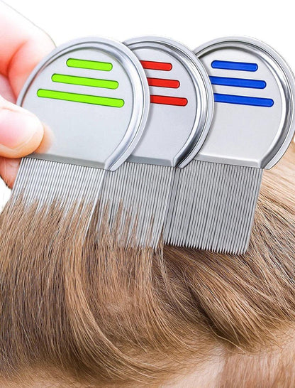 Set of 3 Lice Combs | Lice Brush | Flea Comb | Nits Comb | Dust Comb | Lice Remover | Stainless Steel | Green, Blue & Red.