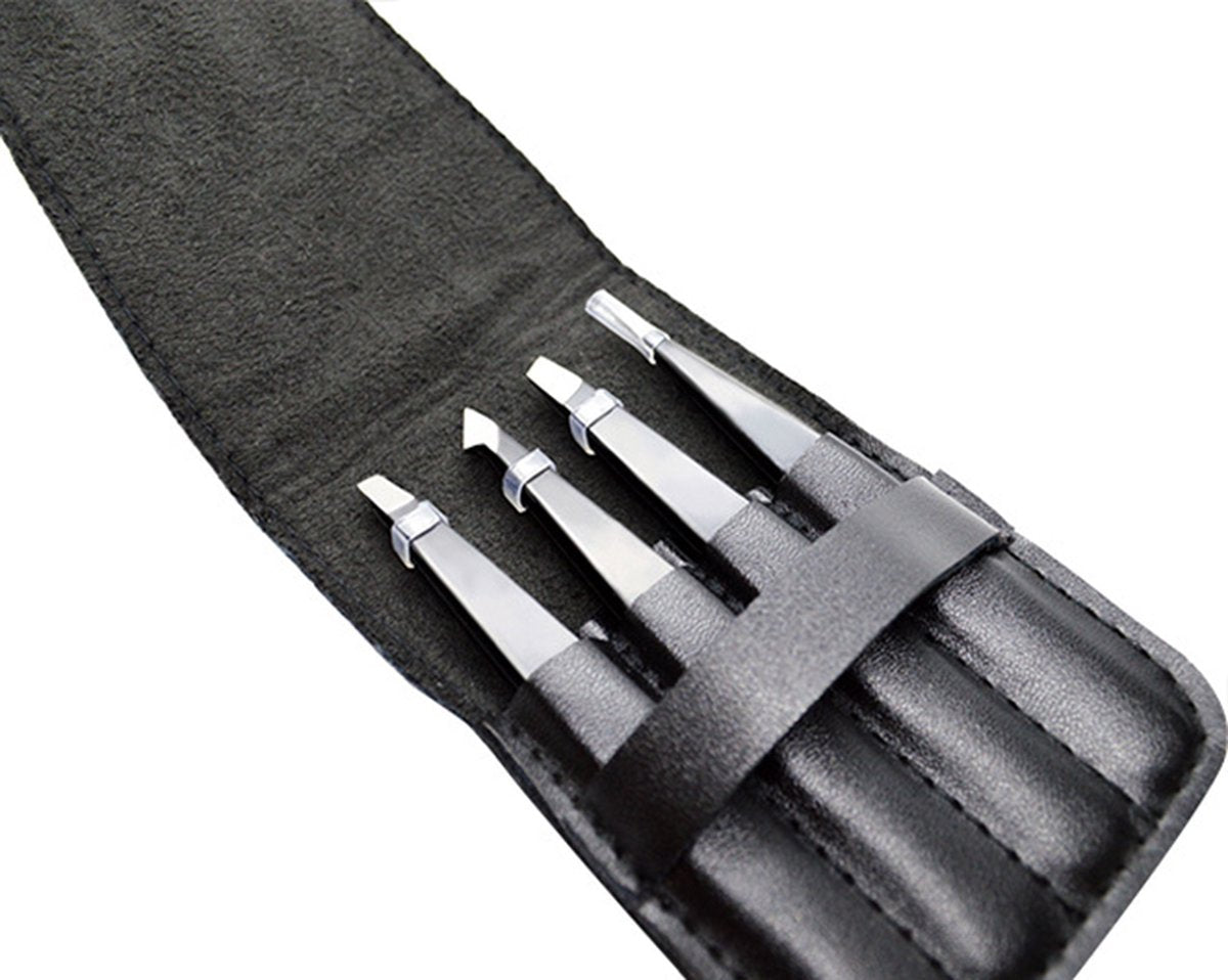 Eyebrow Plucking Tweezers Set | 4-Piece | Tweezers | With Luxury Storage Case | Black