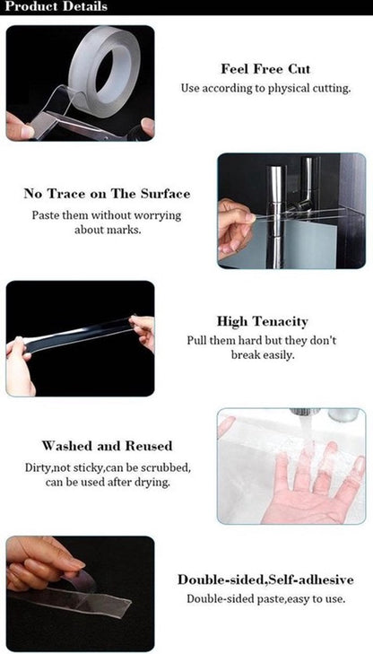 Nano Tape Extra Long! | Double-Sided Tape | Transparent | Reusable | Washable | 5 Meters