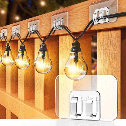 100 pieces Hooks for outdoor lighting - with adhesive strips - No damage, no tools, no holes, waterproof and UV-resistant - Perfect for Christmas and patio decoration